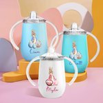Spersonalizowany kubek niekapek z imieniem i nazwiskiem Peter Rabbit o pojemności 10 uncji z motywem kwiatowego koszyka z jajkami i uchwytem Wielkanocny prezent urodzinowy dla maluchów i dzieci