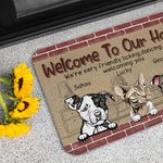 Personalised Welcome To Our Home We're Friendly Licking Dancing And Welcoming You Door Mat Home Decoration Birthday Christmas Gift for Pet Owner