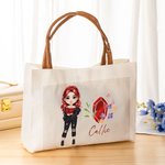 Personalisierte Cartoon Mode Mädchen Birthstone Canvas Tragetasche mit Namen und Ledergriff Geburtstag Reisezubehör Geschenk für Frauen