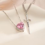 Personalised Heart-shaped and Gothic Sword Pendant Matching Necklace Set with Birthstone and Zircon Anniversary Birthday Gift for Couples