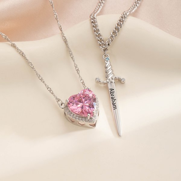 Personalised Heart-shaped and Gothic Sword Pendant Matching Necklace Set with Birthstone and Zircon Anniversary Birthday Gift for Couples