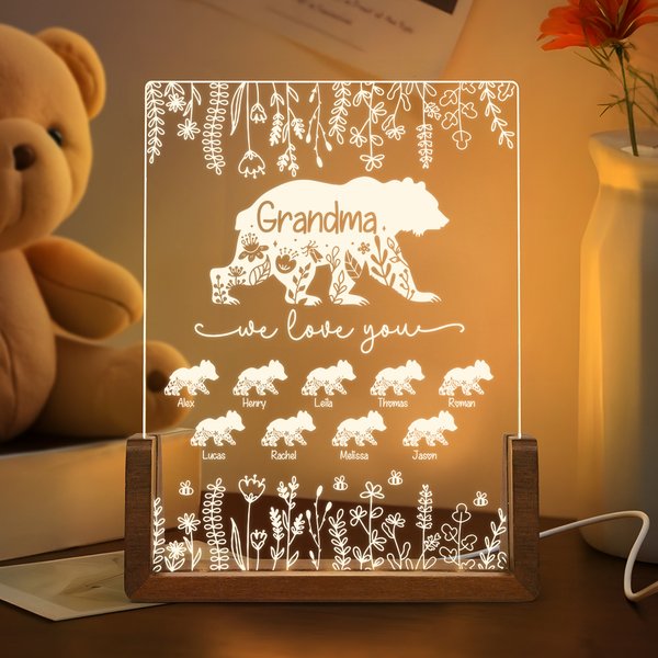Luce notturna a LED in acrilico personalizzata con base in legno e 1-12 nomi per la decorazione della casa, compleanno e festa della mamma.