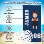 Serviette de Plage Personnalisée avec Nom Numéro et Motif de Personnage Sportif Accessoire Douce Cadeau Anniversaire pour Amateurs de Sport