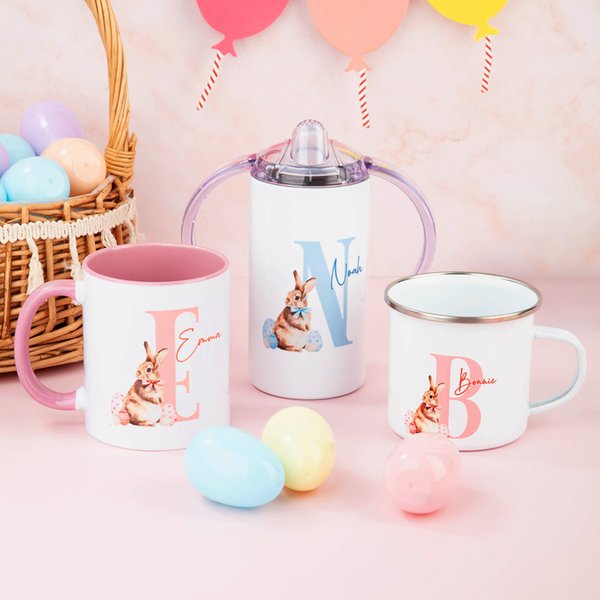 Personalized Cute Bunny Initial and Name 11oz Ceramic Mug 12oz Enamel Mug Sippy Cup Easter Party Favor Gift for Kids