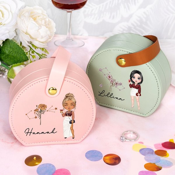 Personalised Zodiac Birth Flower Portable Leather Hand-held Jewellery Case with Name Birthday Bridesmaid Mother's Day Gift for Women
