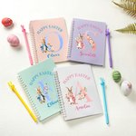 Personalisierte Cute Bunny Floral Initial A5 Spiral Lined Notebook und Stift Set mit Namen Happy Easter Geburtstag Geschenk für Jungen Mädchen
