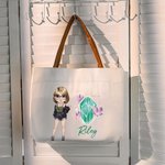 Personalisierte Cartoon Mode Mädchen Birthstone Canvas Tragetasche mit Namen und Ledergriff Geburtstag Reisezubehör Geschenk für Frauen