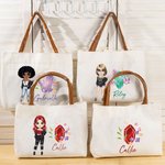 Personalisierte Cartoon Mode Mädchen Birthstone Canvas Tragetasche mit Namen und Ledergriff Geburtstag Reisezubehör Geschenk für Frauen