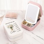 Personalisierte Bibel Vers Geburt Blume Blumenstrauß Reise-Schmuck-Box mit Namen und wechselnde Farbe LED Make-up Spiegel Geburtstag Hochzeit Geschenk für Frauen