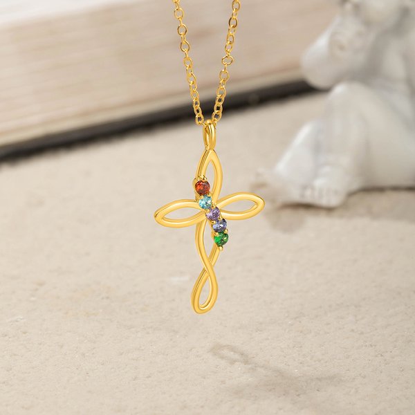 Collana personalizzata con croce avvolta con 1-5 pietre di famiglia Compleanno Anniversario Regalo per la Festa della Mamma per la Nonna Donna