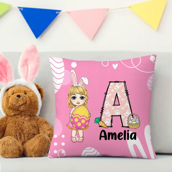 Personalized Cute Holding Easter Egg Cartoon Boy Girl Soft Throw Pillow Cover with Name Easter Party Decor Holiday Housewarming Gift for Kids
