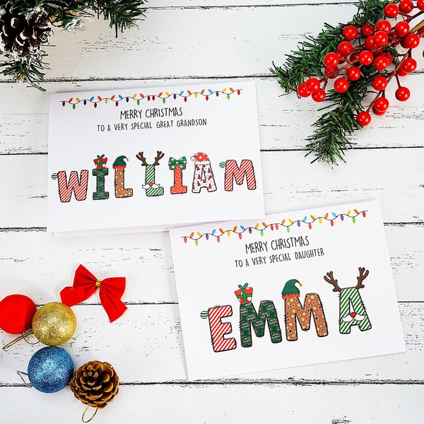 Personalized Merry Christmas Doodle Alphabet Greeting Card with Title and Name Christmas Party Gift for Family Members