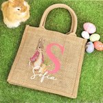 Borsa di juta personalizzata con design del coniglio Peter Rabbit iniziale e nome adatto per la caccia alle uova di Pasqua regalo per bambini