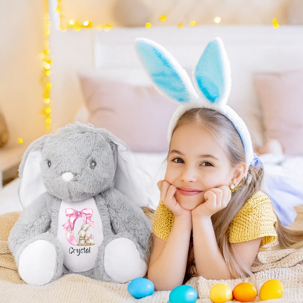 Custom Name Pink Bow Bunny Stuffed Animal for Baby's First Easter | Newborn & Infant Birthday Gift