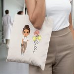 Personalized Birth Flower Bow Stethoscope Cartoon Character Canvas Tote Bag with Name Appreciation Birthday Gift for Nurse Doctor Medical Staff