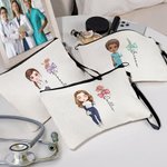 Personalized Bow Stethoscope Birth Flower Cartoon Character Cosmetic Bag with Name and Wristlet Strap Nurse Week Appreciation Gift for Medical Staff