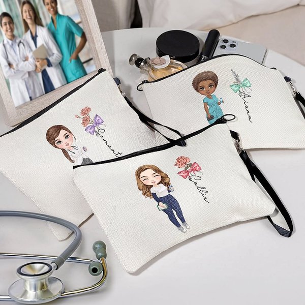 Personalized Bow Stethoscope Birth Flower Cartoon Character Cosmetic Bag with Name and Wristlet Strap Nurse Week Appreciation Gift for Medical Staff