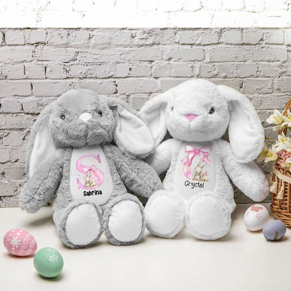 Personalisiertes Rosa Schleifen-Initiale Niedliches Osterhase Plüschtier mit Namen Spielzeug Ostern Geburtstag Geschenk für Kinder
