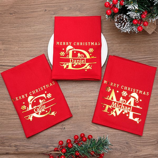 Personalizada Oro Plata Copo de Nieve Sombrero de Santa Claus Inicial Servilleta reutilizable con nombre Feliz Navidad Decoración de la mesa Regalo de inauguración de la casa para la familia amigo
