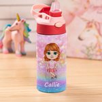 Gepersonaliseerde Fantasie Cartoon Character Name 12oz Kid geïsoleerde waterfles met handvat en rietje Verjaardagscadeau voor jongens meisjes