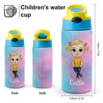 Gepersonaliseerde Fantasie Cartoon Character Name 12oz Kid geïsoleerde waterfles met handvat en rietje Verjaardagscadeau voor jongens meisjes