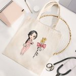 Personalized Birth Flower Bow Stethoscope Cartoon Character Canvas Tote Bag with Name Appreciation Birthday Gift for Nurse Doctor Medical Staff