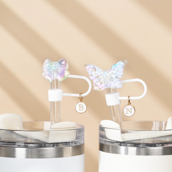 Personalized Clear Bow Butterfly Coloured Bling Straw Cover Topper with Initial Charm Accessories for Stanley Vacation Party Birthday Gift for Her