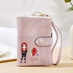 Personalised Cartoon Fashion Girl Birthstone PU Leather Tri-Folded Name Wallet with Card Holder and Wrist Strap Birthday Gift for Girls Women