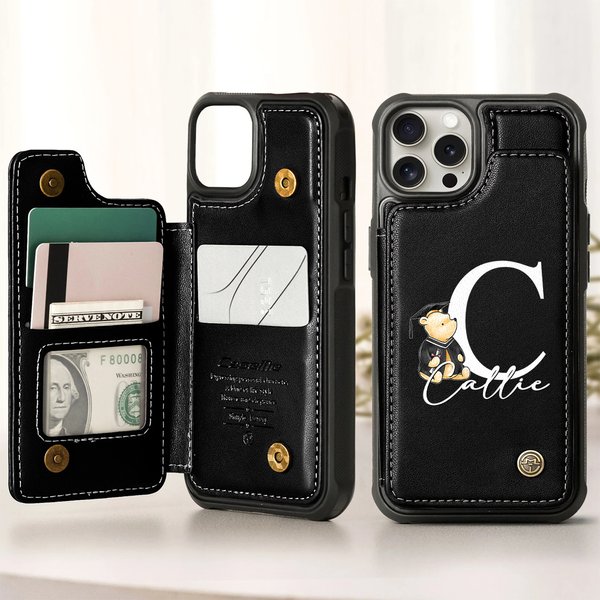 Personalized Classic Winnie the Pooh Leather Flip Wallet Phone Case with Name and RFID Blocking Card Holder Graduation Gift for Graduates