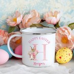 Personalizado lindo conejito floral inicial 12oz esmalte taza con nombre feliz Pascua cumpleaños regalo para niños niñas