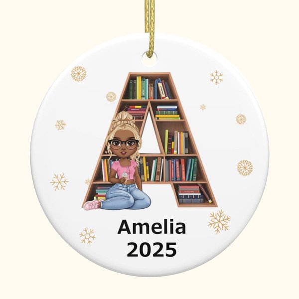 Personalisierte Cartoon Charakter Bücherregal Schneeflocken Lesen Mädchen Ornament mit Namen Baumschmuck Weihnachtsgeschenk für sie