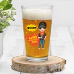 Personalisierte Super Powers Cartoon Charakter 16oz Bierglas mit Namen Vatertag Geburtstag Geschenk für Papa Opa Bierliebhaber