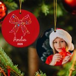 Personalisierte bunte Lichter Coquette Bogen Keramik Ornament mit Namen und Foto 2025 Weihnachtsbaum Dekor Urlaub Geschenk für Familie Freund