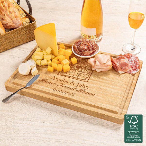 Personalizzato inciso nome cuore casa mappa FSC Bambù salumiere tagliere con scanalatura succo matrimonio regalo di inaugurazione per la coppia famiglia