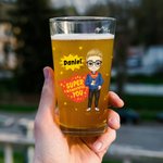 Personalisierte Super Powers Cartoon Charakter 16oz Bierglas mit Namen Vatertag Geburtstag Geschenk für Papa Opa Bierliebhaber