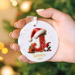 Personalizzato Candy Cane Santa Holly iniziale Ceramica Ornamento di Natale con nome e anno Decorazione albero di vacanza per i bambini Famiglia