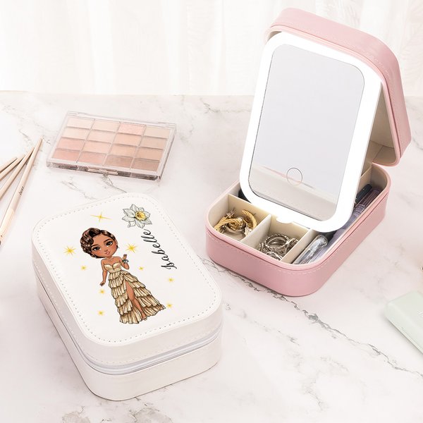 Personalized Prom Queen Birth Flower Name PU Leather Jewelry Box with LED Makeup Mirror Travel Accessory Birthday Anniversary Party Gift for Women