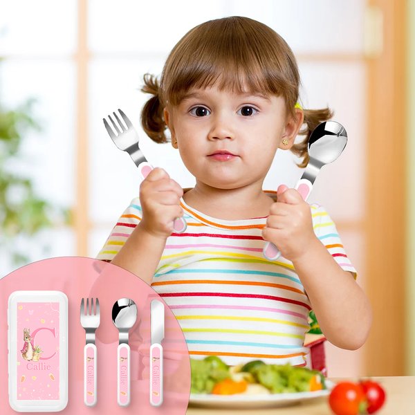 Personalised Cute Bunny Kid's Fork Spoon Knife 3 Pcs Cutlery Set with Case and Name  Back to School Easter Birthday Gift for Kids