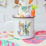 Personalisierte niedlichen Peter Rabbit Bogen Kreuz 12oz farbigen Rand Edelstahl-Emaille-Becher mit Namen Ostern zurück zu Schule Geburtstag Geschenk für Kinder