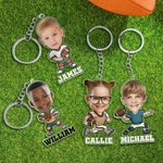 Llavero acrílico personalizado con foto de cara de personaje de dibujos animados de fútbol con nombre Regalo de cumpleaños para el Día del Niño