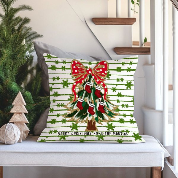 Gepersonaliseerde Glitter boog kerstboom kussenhoes met naam en tekst Home Decor verjaardag kerstcadeau voor familie kinderen