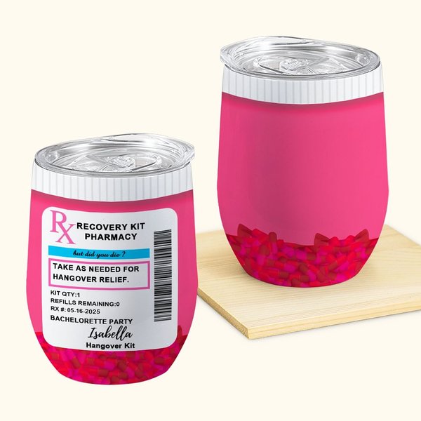 Personligt rosa baksmälla återhämtningssats 12oz vinbehållare med RX Pill Design Födelsedag Bachelorette Party Favor för tjej Kvinna