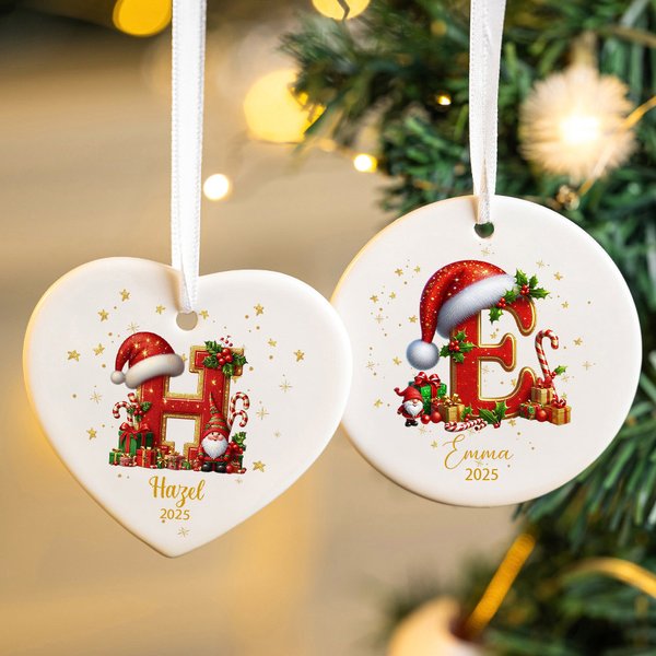 Personalisierte Zuckerstange Santa Holly Initial keramischen Weihnachtsschmuck mit Namen und Jahr Urlaub Baumschmuck Geschenk für Kinder Familie