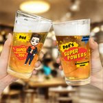 Personalisierte Super Powers Cartoon Charakter 16oz Bierglas mit Namen Vatertag Geburtstag Geschenk für Papa Opa Bierliebhaber