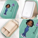 Personalized Prom Queen Birth Flower Name PU Leather Jewelry Box with LED Makeup Mirror Travel Accessory Birthday Anniversary Party Gift for Women