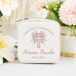 Boîte à bijoux personnalisée en cuir pour la première communion avec nom et date, étui portable, accessoire de voyage, cadeau de baptême pour elle