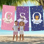 Asciugamano da spiaggia multicolore oversize personalizzato con animali iniziale e nome ad asciugatura rapida regalo di compleanno per bambini