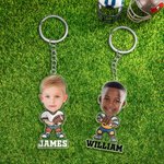 Llavero acrílico personalizado con foto de cara de personaje de dibujos animados de fútbol con nombre Regalo de cumpleaños para el Día del Niño