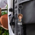 Llavero acrílico personalizado con foto de cara de personaje de dibujos animados de fútbol con nombre Regalo de cumpleaños para el Día del Niño