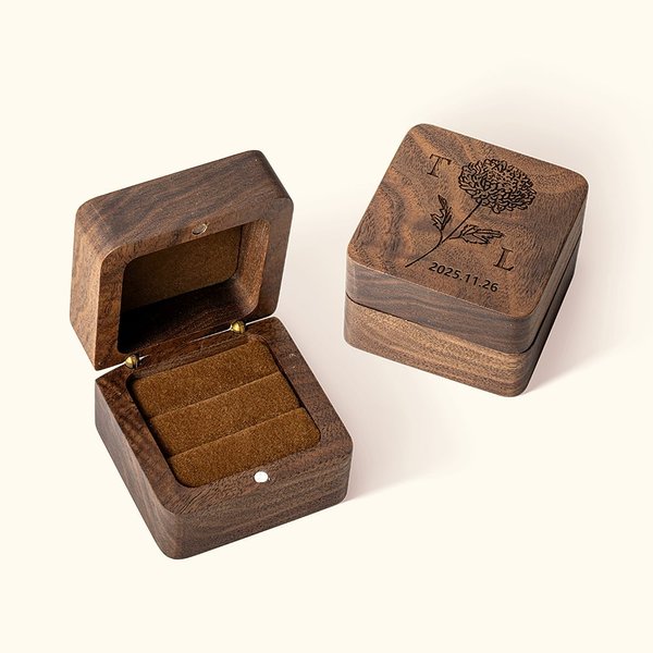 Personalizada de madera grabada Nacimiento Flor Anillo Caja con Doble Ranura y Nombre de Boda Compromiso Propuesta de Regalo para Pareja